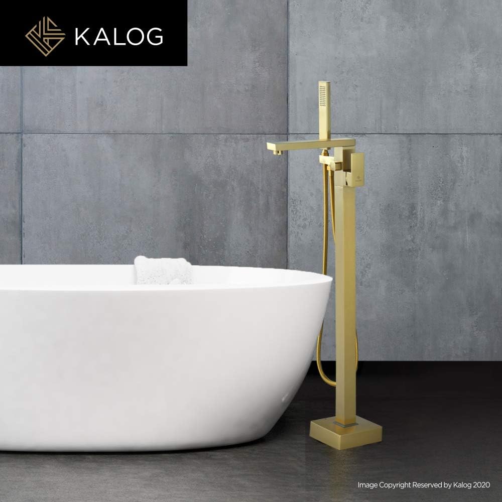 Kalog Grifo de bañera independiente de una sola manija con ducha cuadrada de mano (dorado cepillado)