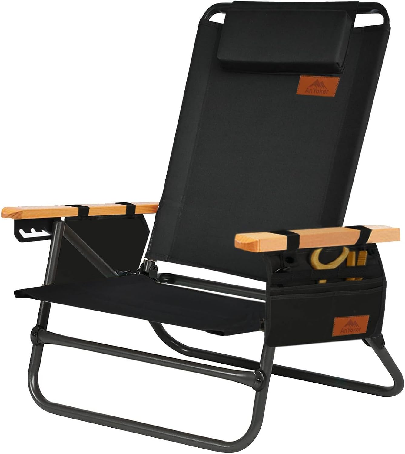 Silla de camping, silla compacta de 4 posiciones ajustables, silla plegable portátil, silla de playa con bolsillo lateral, reposacabezas, soporte