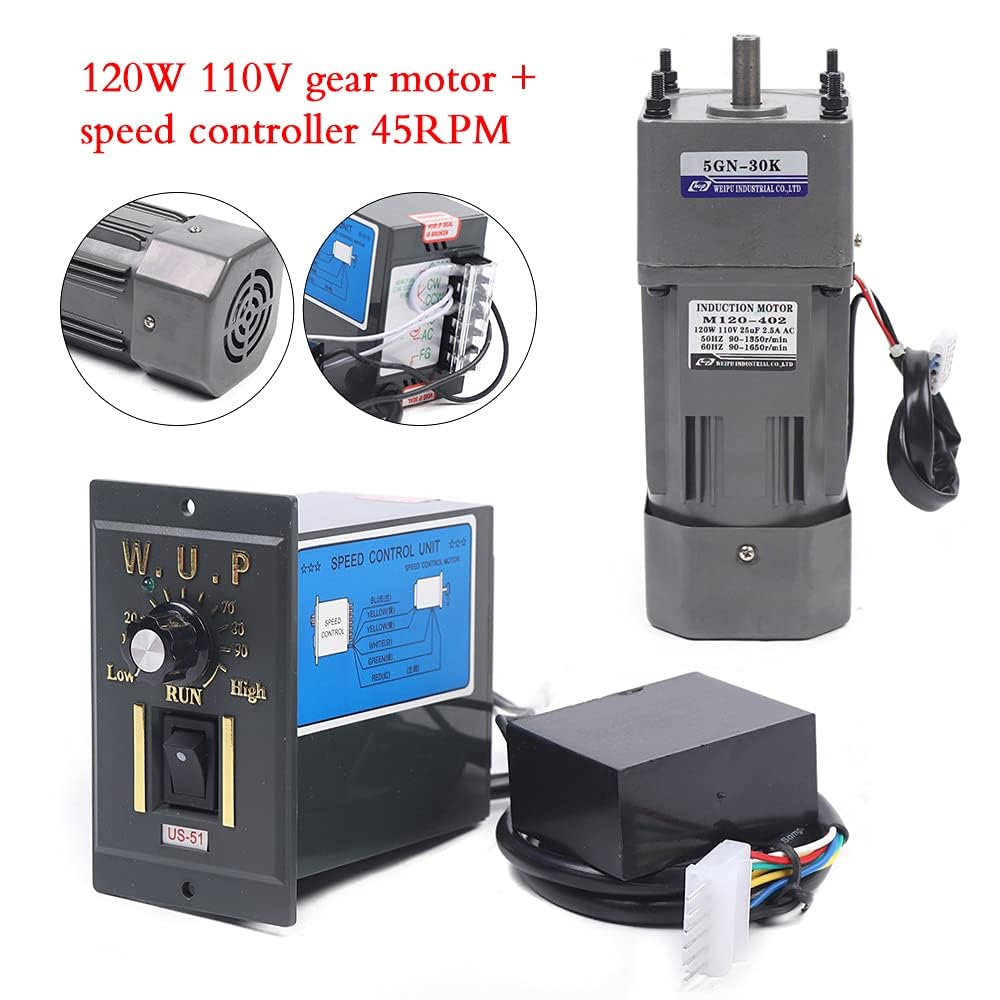 Motor de alto par de CA, motor eléctrico monofásico reversible de 110 V 120 W con controlador ajustable de velocidad variable motor engranado por