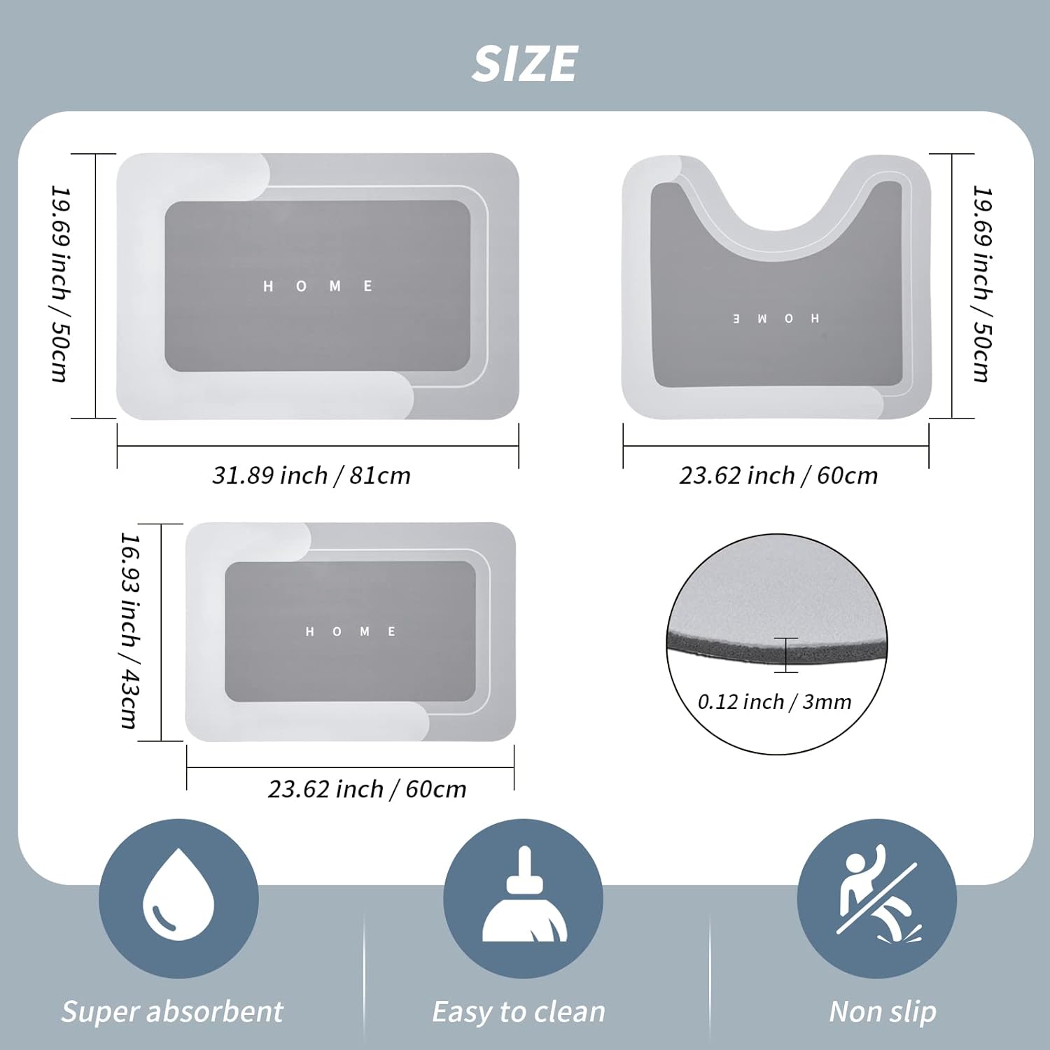 Juego de 3 tapetes de baño absorbentes, de secado rápido, tapetes mágicos de silicona antideslizante con respaldo de goma para baño, cocina, ducha