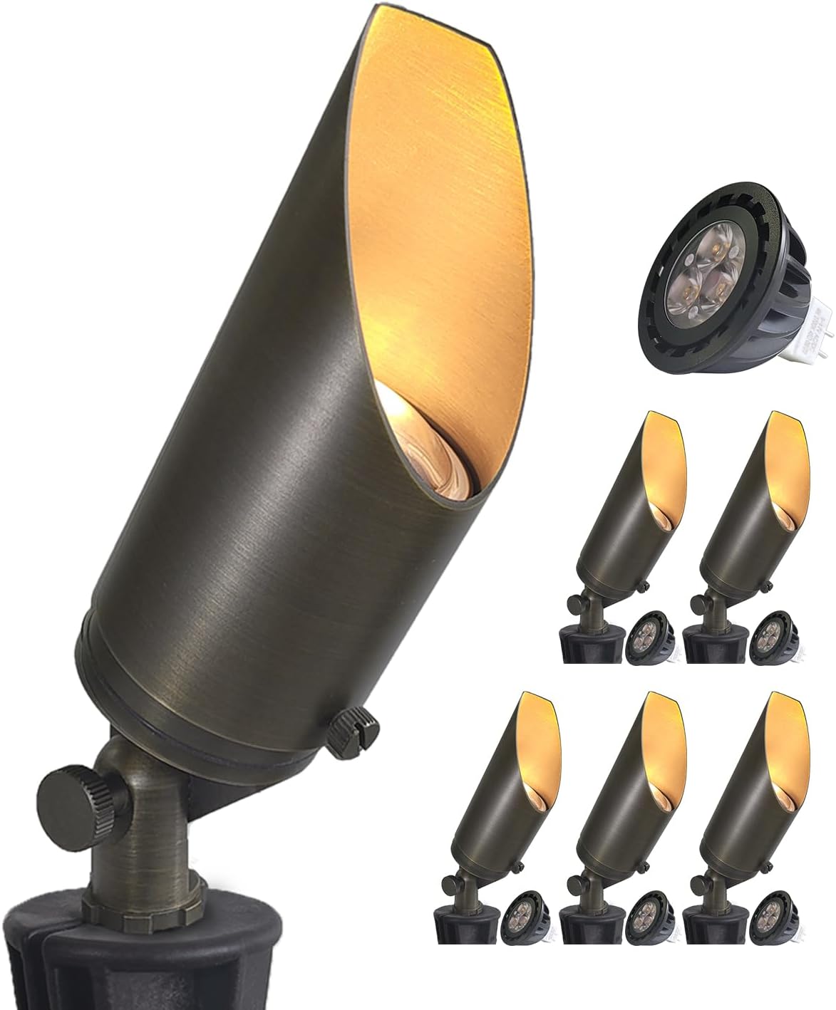 COLOER Focos de paisaje de latón fundido a presión, paquete de 6 focos para exteriores con kit de bombilla LED MR16 de 5 W, estaca de tierra