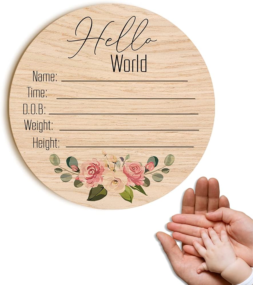 Tarjeta redonda de anuncio de nacimiento de madera personalizada para bebé recién nacido, placa de madera con el nombre del bebé y detalle de