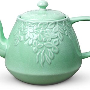 Toptier Tetera de hojas, tetera de porcelana con infusor y tapa, tetera de cerámica de hojas florecientes y sueltas, 37 onzas, verde claro Toptier Tetera de hojas, tetera de porcelana con infusor y tapa, tetera de cerámica de hojas florecientes y sueltas, 37 onzas, verde claro