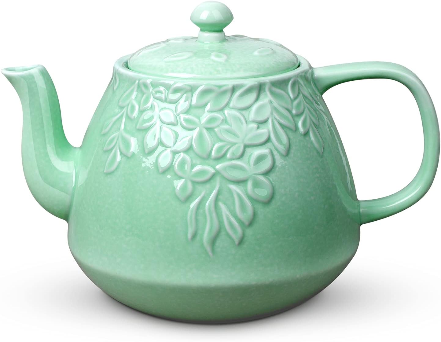 Toptier Tetera de hojas, tetera de porcelana con infusor y tapa, tetera de cerámica de hojas florecientes y sueltas, 37 onzas, verde claro