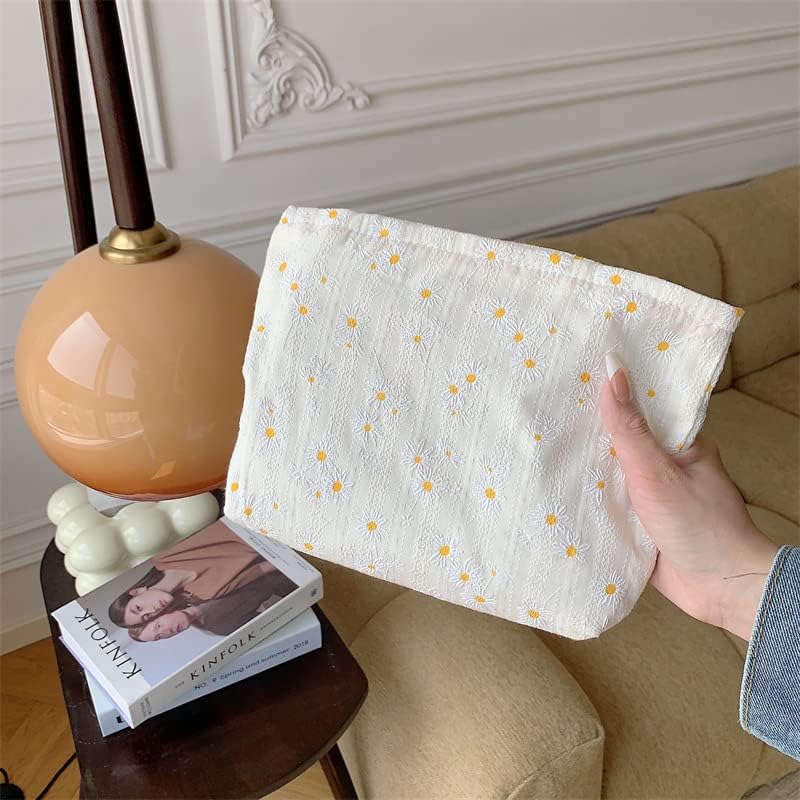 PAZIMIIK Bolsas de maquillaje para monedero, bolsa de cosméticos con cremallera, Algodón Margarita Beige, Margarita