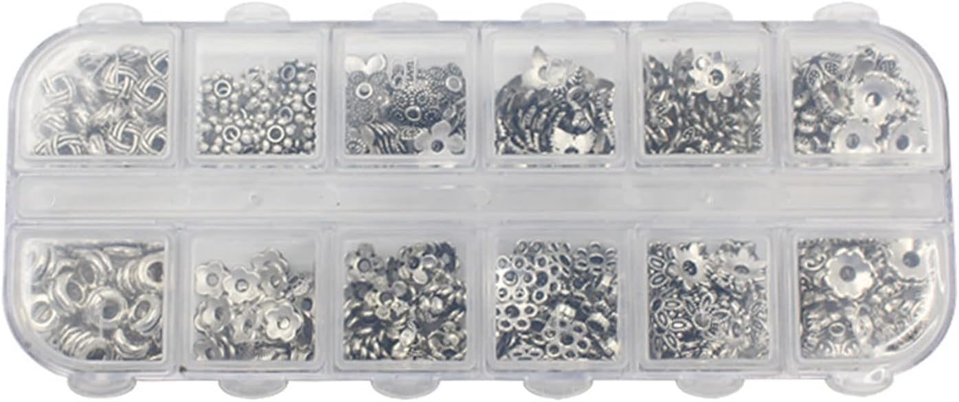 360 cuentas espaciadoras plateadas de metal en forma de flor, cuentas sueltas con caja de almacenamiento, accesorios para hacer joyas (plateado)