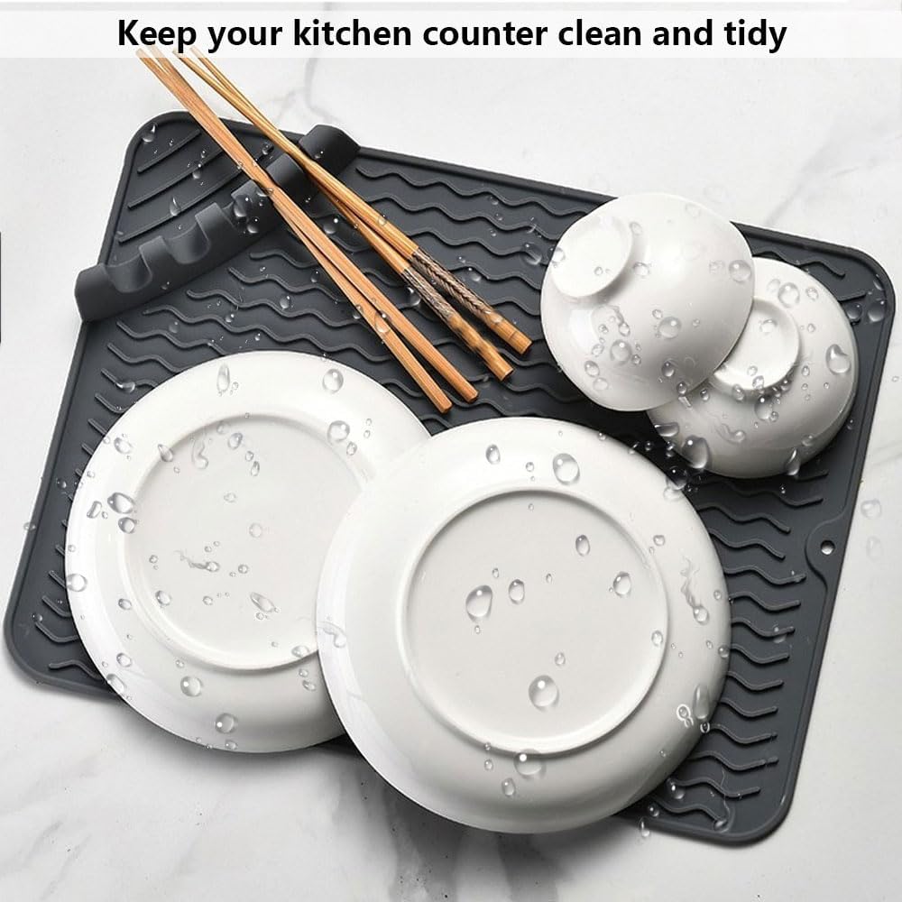 Alfombrillas de silicona para secar platos con soporte para utensilios, tapete de secado de platos resistente al calor para encimera de cocina,