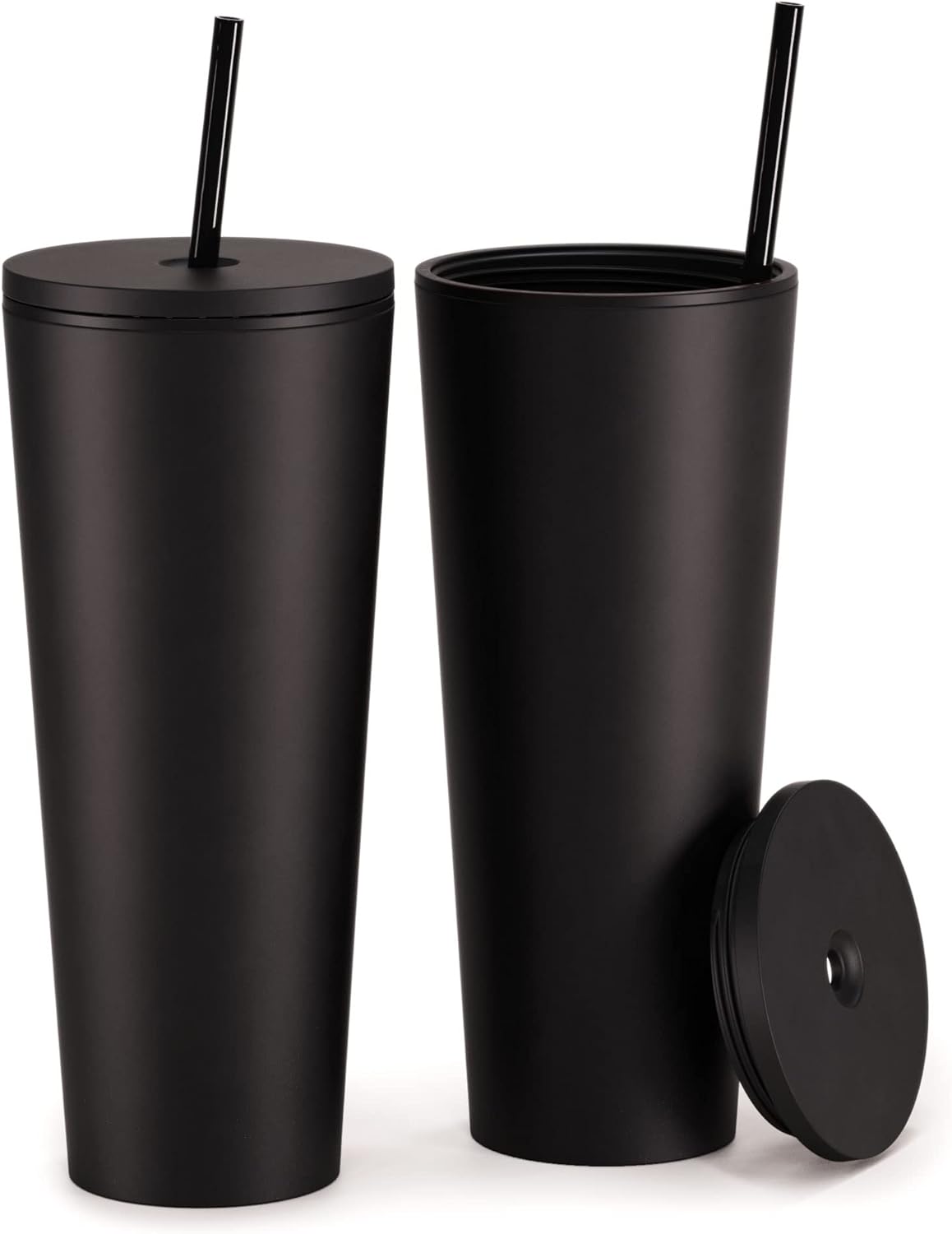 Maars – Vaso térmico clásico de acrílico con tapa y pajilla, reutilizable, de plástico, doble pared y alta calidad de 24 onzas, negro mate, paquete