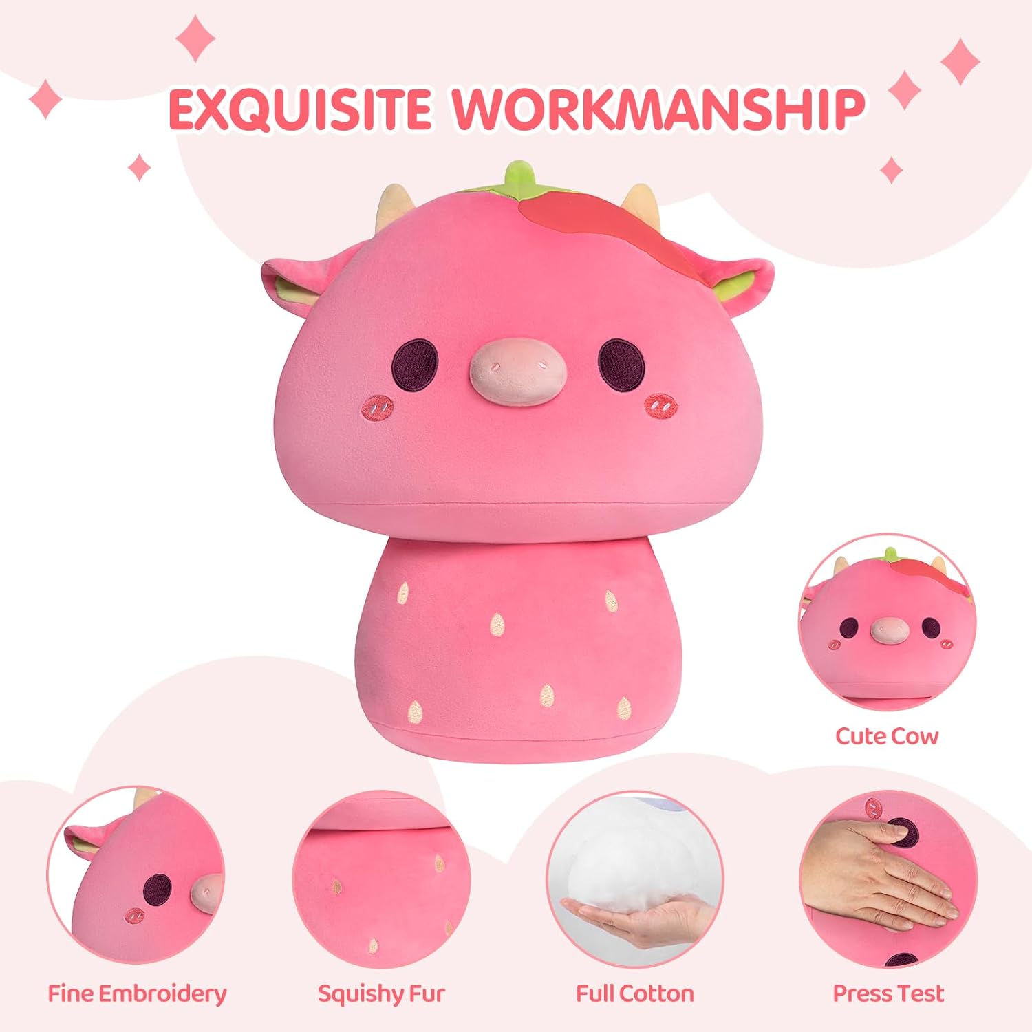Almohada de peluche de vaca de fresa de 14 pulgadas, almohada suave de peluche, animales de peluche Kawaii de vaca fresa, lindos juguetes de