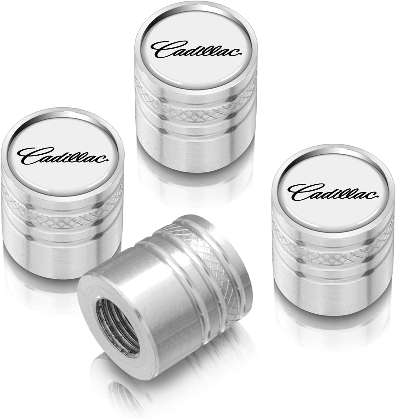 Para Cadillac Script Placa de identificación en blanco sobre tapas de vástago de válvula de neumático estilo cilindro de aluminio plateado brillante