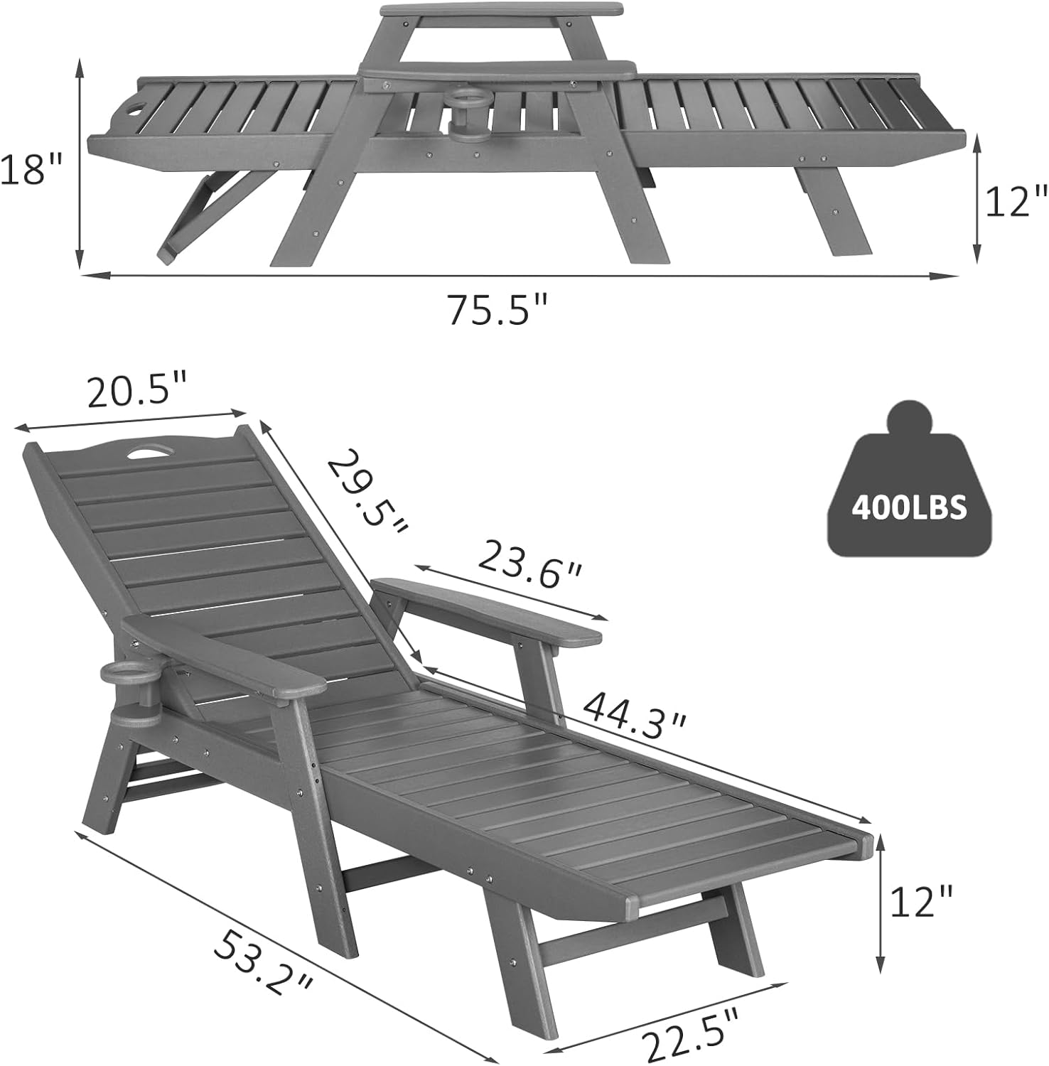nalone Chaise Lounge para exteriores con respaldo ajustable de 5 posiciones, silla de descanso de polietileno de alta densidad para soportar