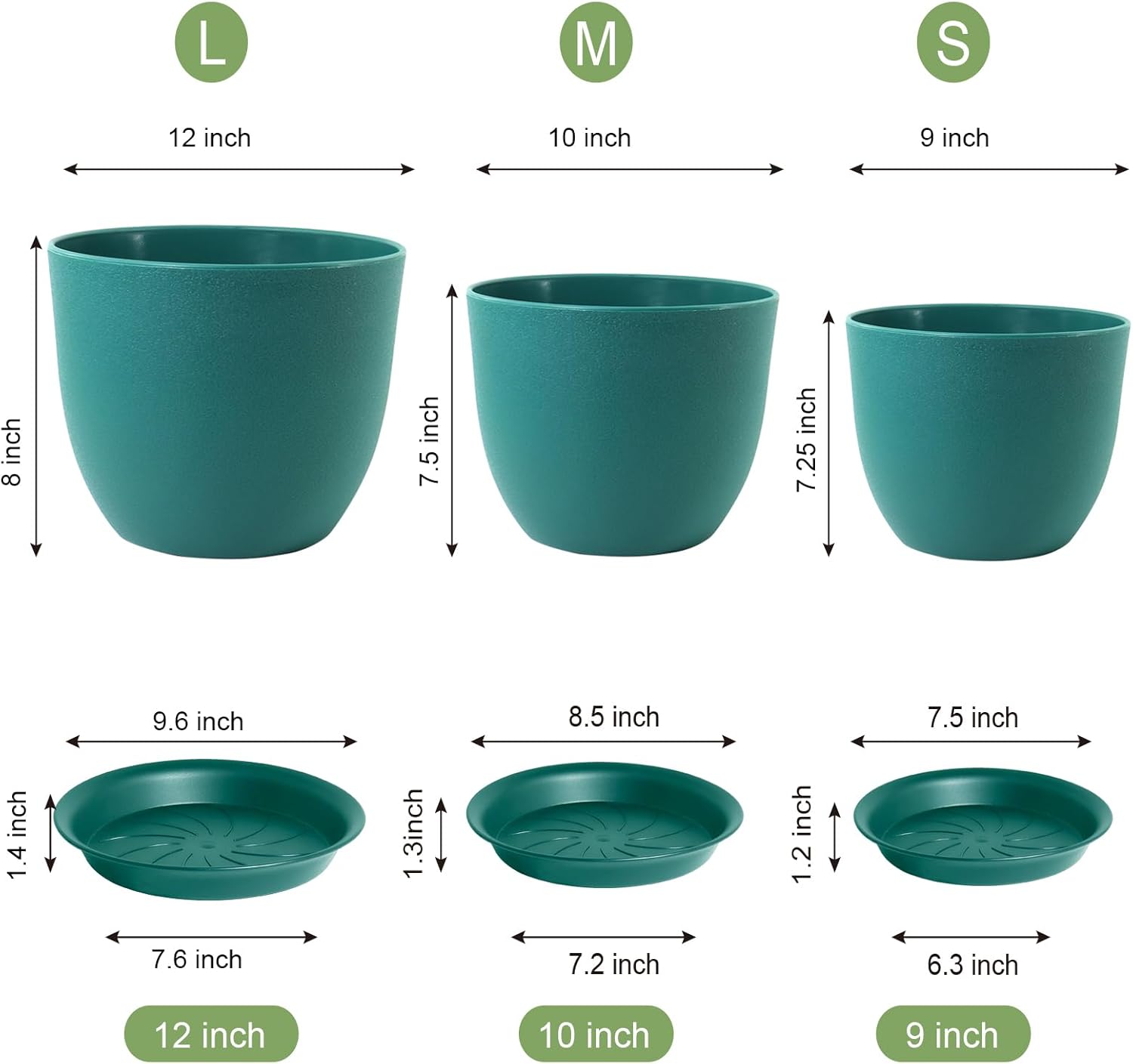 Macetas modernas grandes de plástico con agujeros de drenaje y platillos para plantas de interior y exterior, flores, verde malaquita