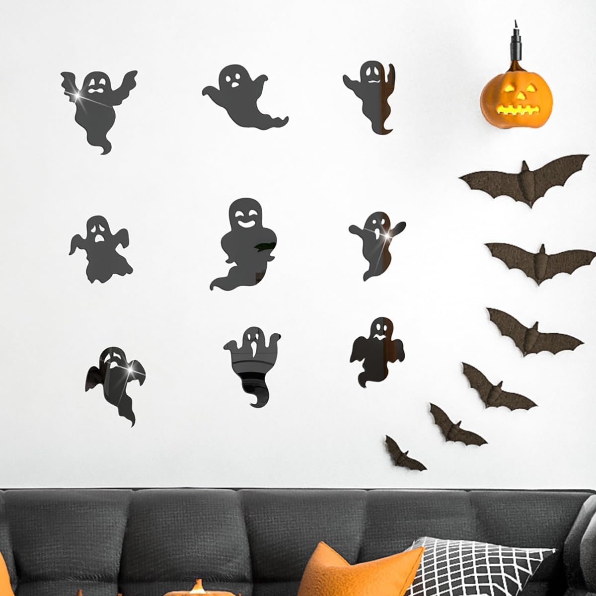 Decoración de pared de fantasma de Halloween, 9 piezas, decoración de pared de fantasma blanco, calcomanías de pared de fantasma blanco, espejo
