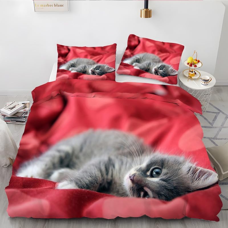 Juego de funda de edredón con estampado de animales de gatito rojo, funda de edredón de microfibra suave y 2 fundas de almohada de 20 x 36 pulgadas,
