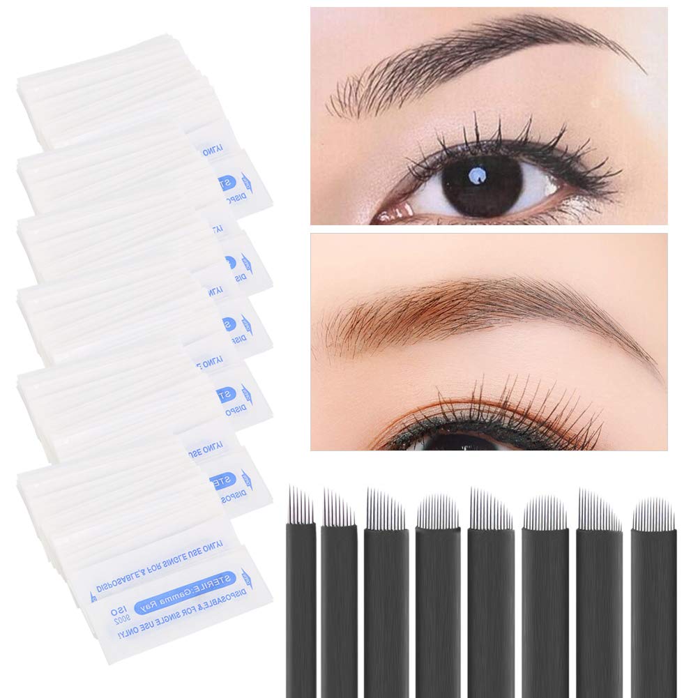 50 agujas de tatuaje para cejas de 6 tipos, microcuchillas para cejas, cuchillas de tatuaje finas, hojas permanentes de maquillaje de 0.007in (21