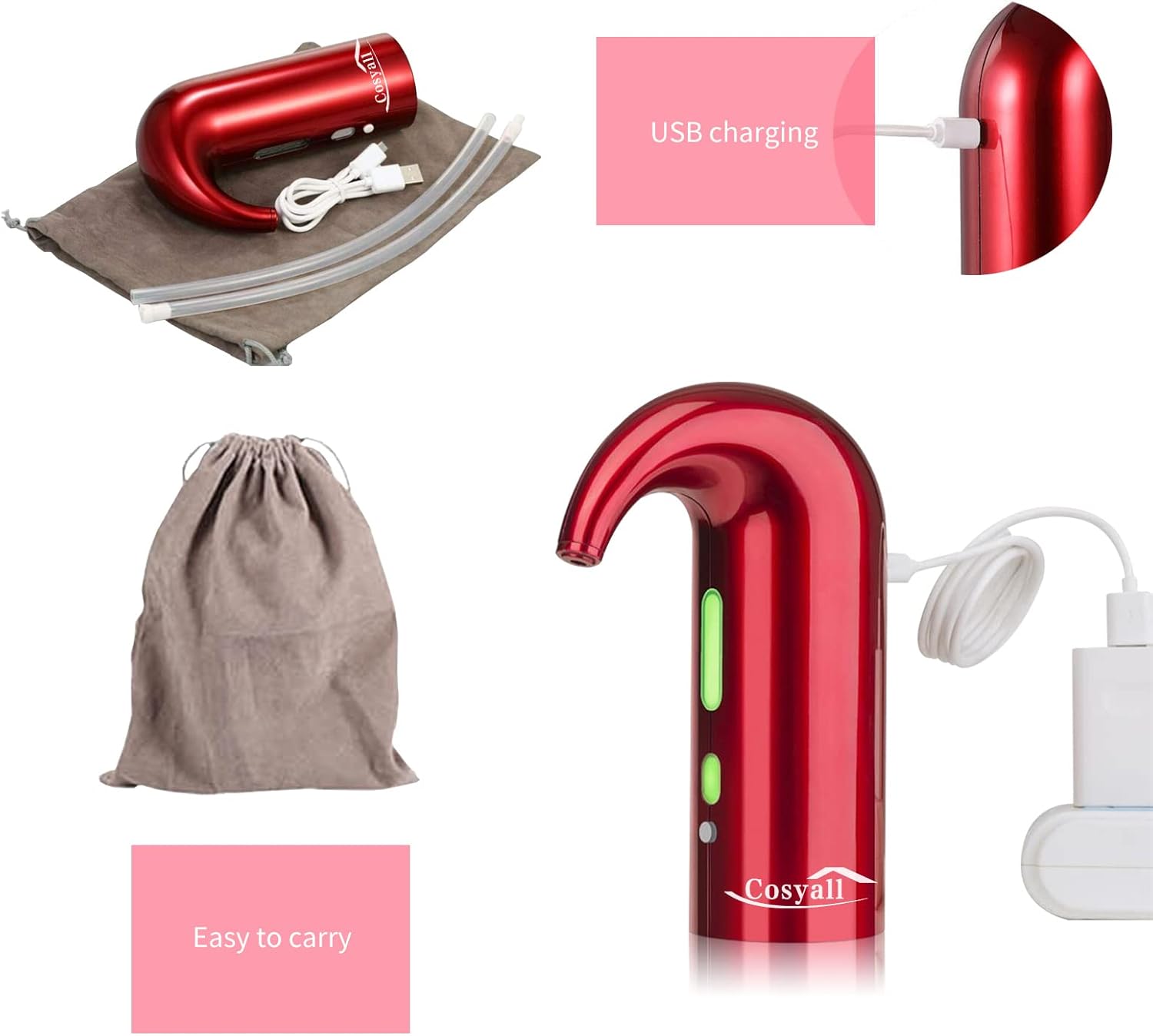 Decantador eléctrico portátil recargable por USB, dispensador de vino automático de un botón, oxigenación rápida del vino tinto, rojo