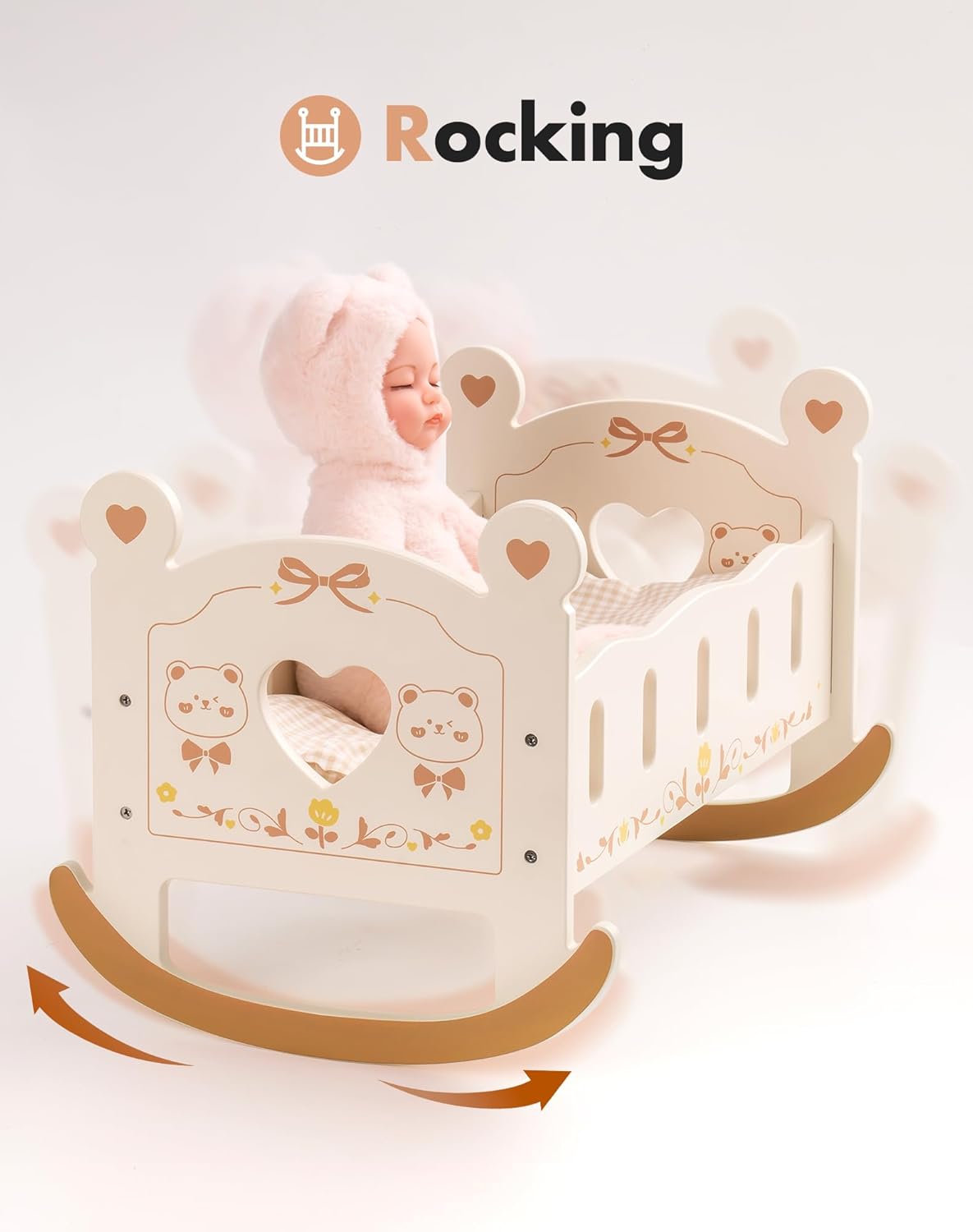 ROBOTIME Cuna de muñeca – Cuna de madera para muñecas  Cama de muñeca  Accesorios para muebles de muñeca  Cuna mecedora para muñecas con ropa de