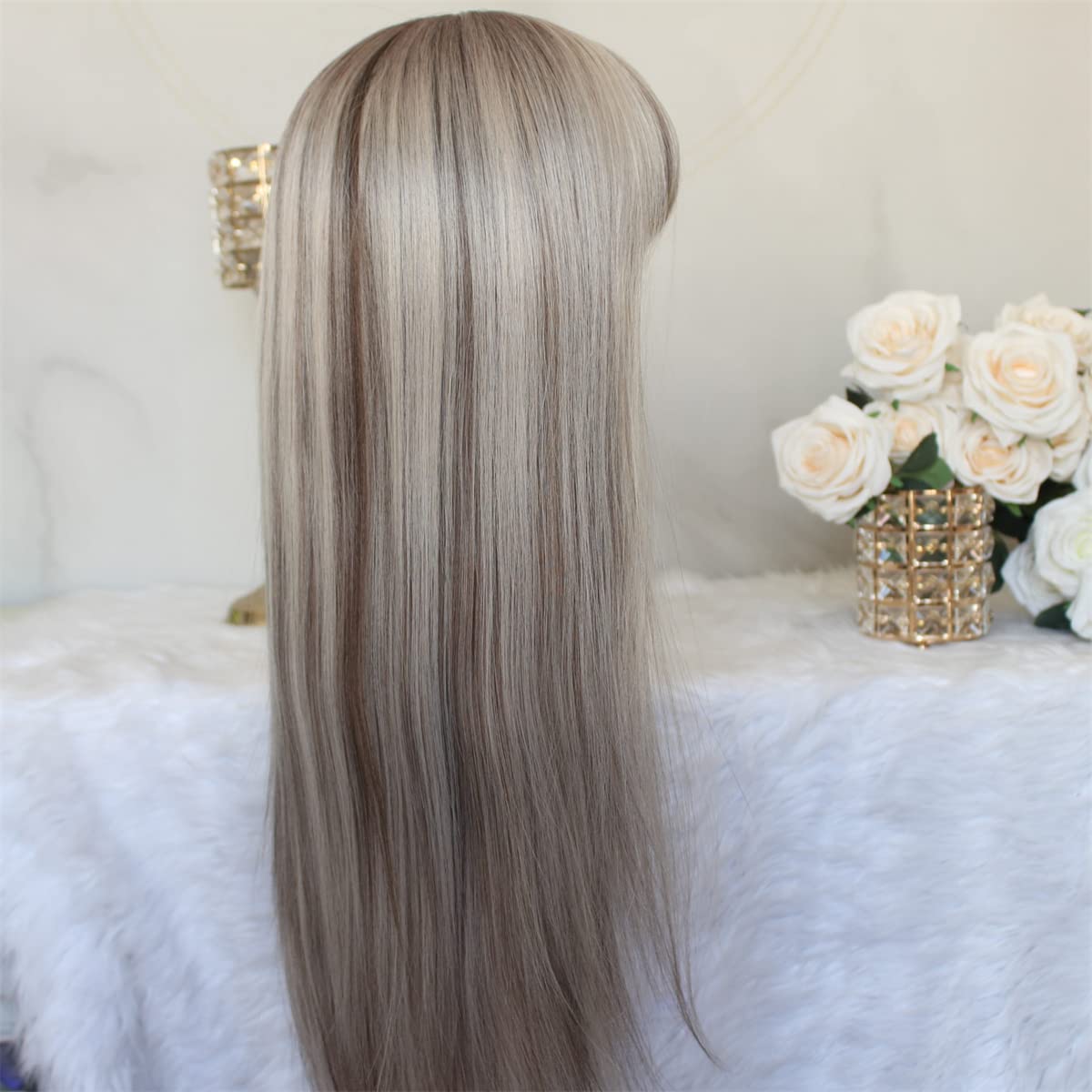 Aisom Peluca sintética larga y recta con flequillo, mezcla de platino marrón y rubio ceniza, pelucas ombré para mujer, peluca con reflejos