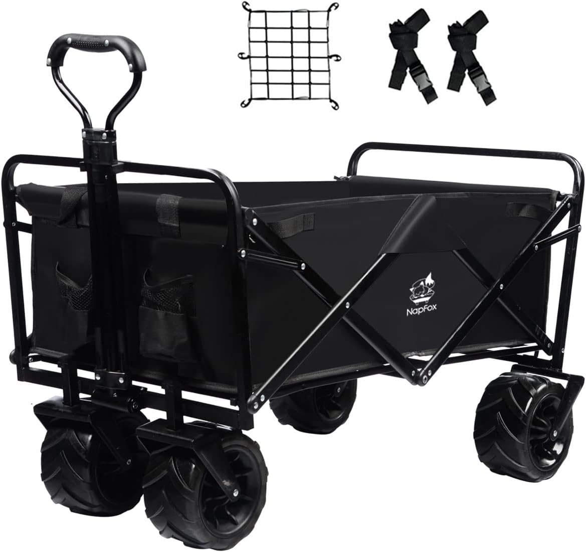 Carrito plegable de playa plegable resistente con ruedas todo terreno para arena con red de carga, correas, carro de playa utilitario para arena,