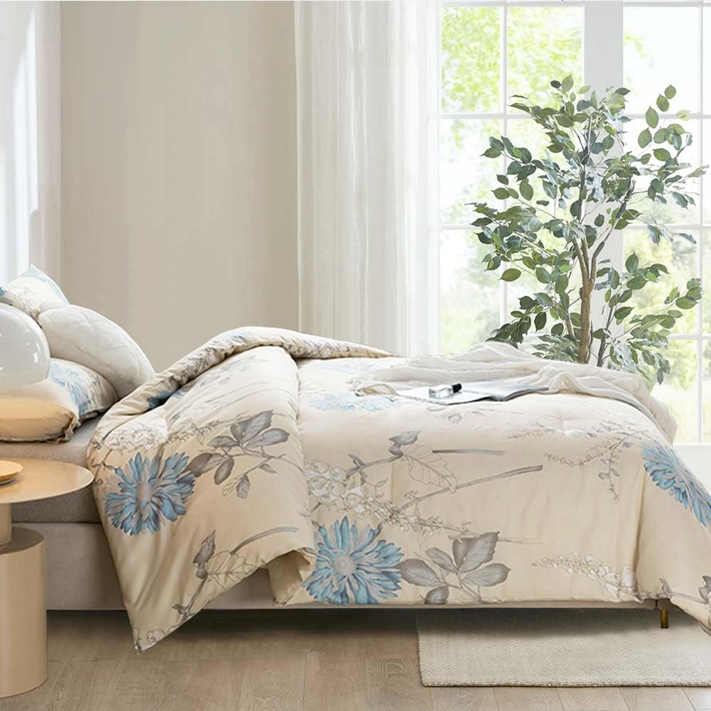 ETDIFFE Juego de edredón beige tamaño Queen, 3 piezas de ramas marrones y flores azules, juego de ropa de cama con estampado floral blanco roto,