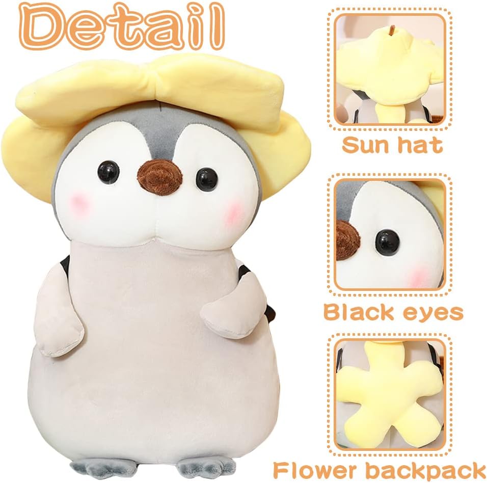 Galatee Lindo pingüino de 13.7 pulgadas, lindo pingüino de flor amarilla, peluche Kawaii suave de pingüino con trajes de flores amarillas, regalos