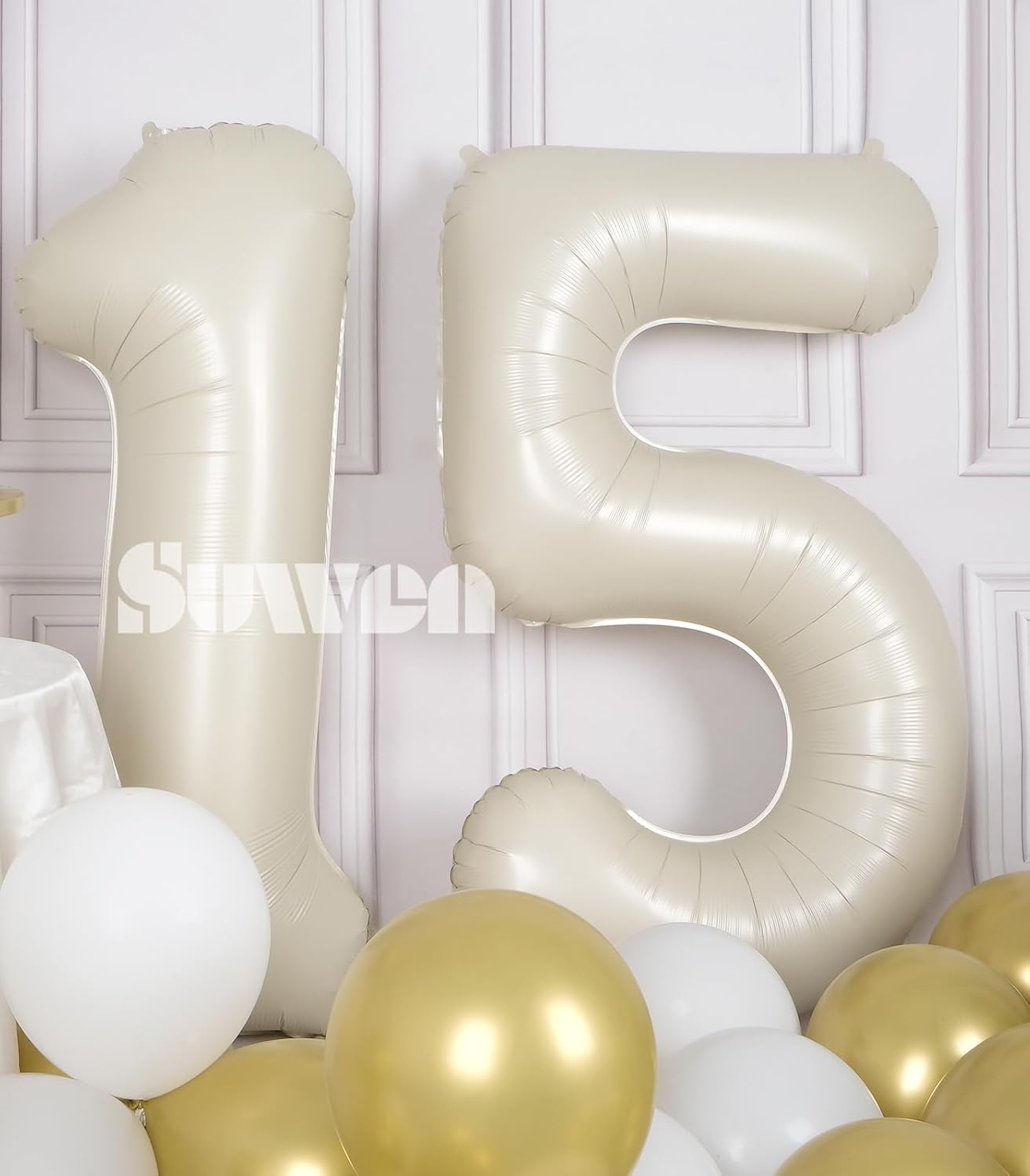 SUWEN Globos grandes de 40 pulgadas color blanco crema con el número 15, globos de helio de aluminio grandes del 0 al 9, decoraciones de fiesta de