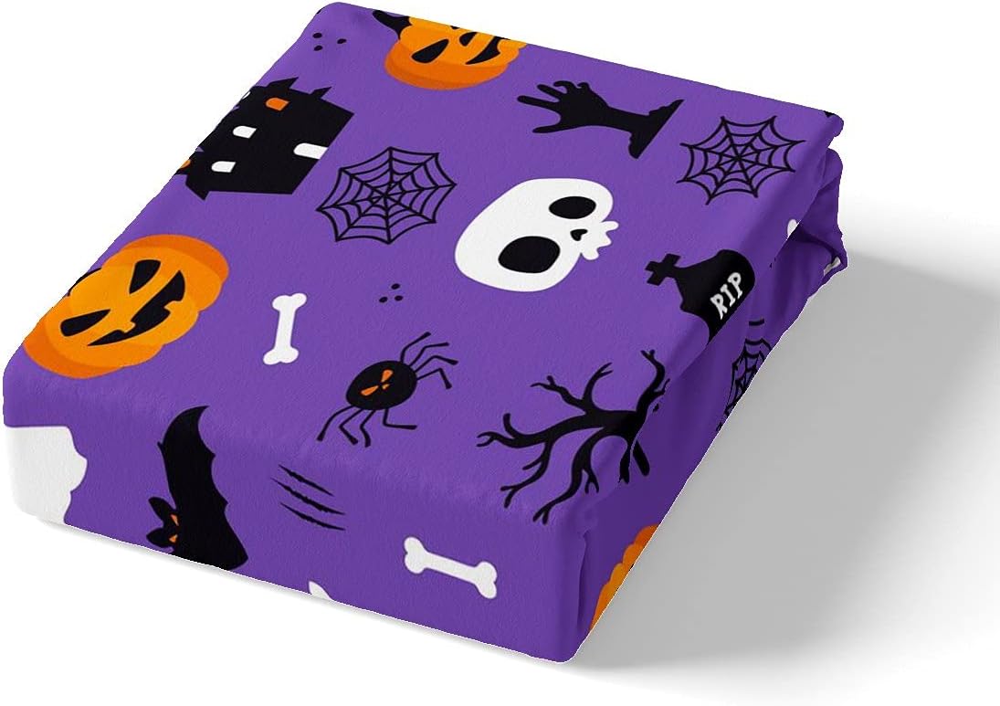 Feelyou Juego de sábanas bajeras de Halloween con diseño de calabaza de dibujos animados para niños y niñas, diseño de castillo, fantasma,