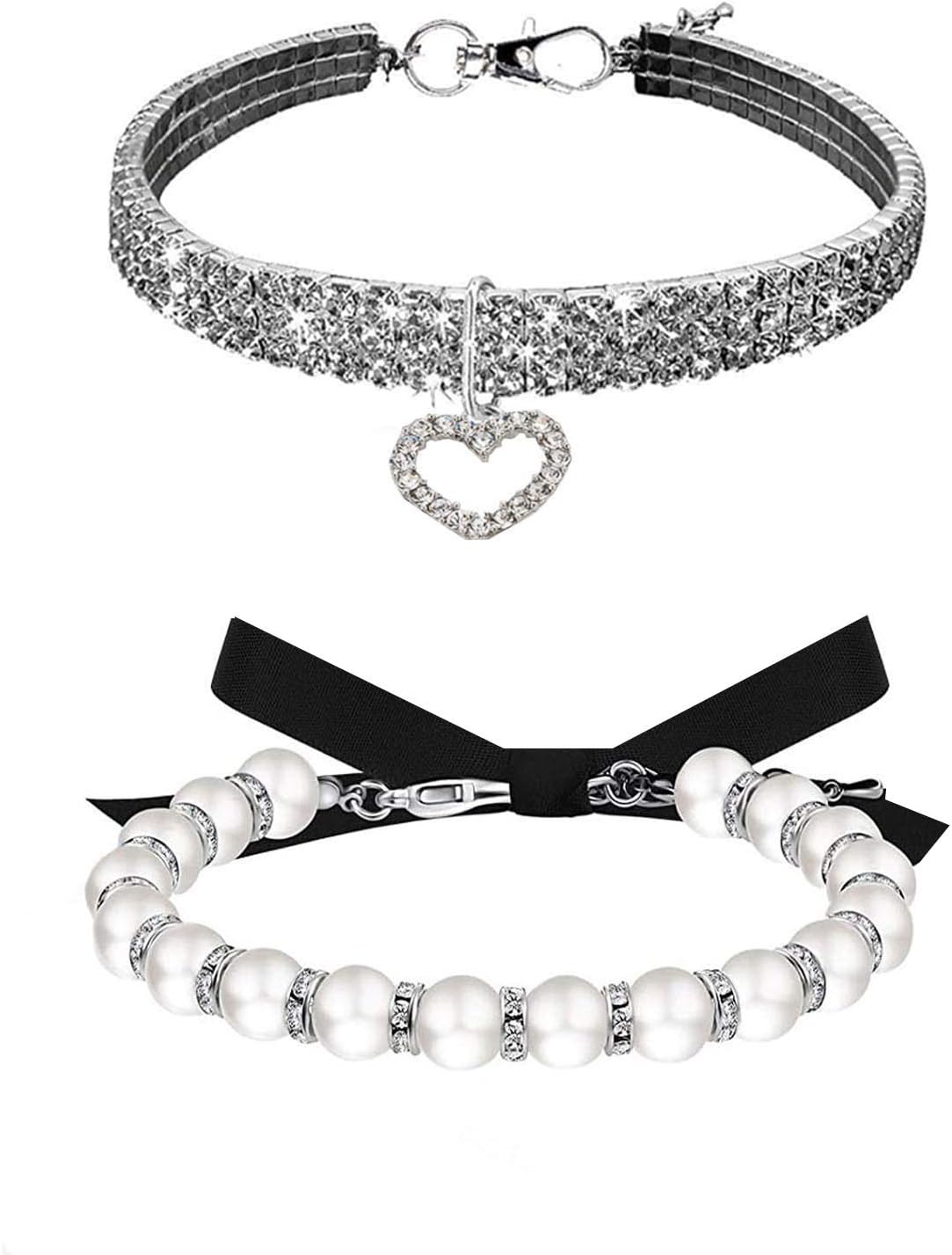 WoYous Juego de collar de perro de diamantes de imitación y collar de perlas para perro, correa ajustable para el cuello, collar de perlas de