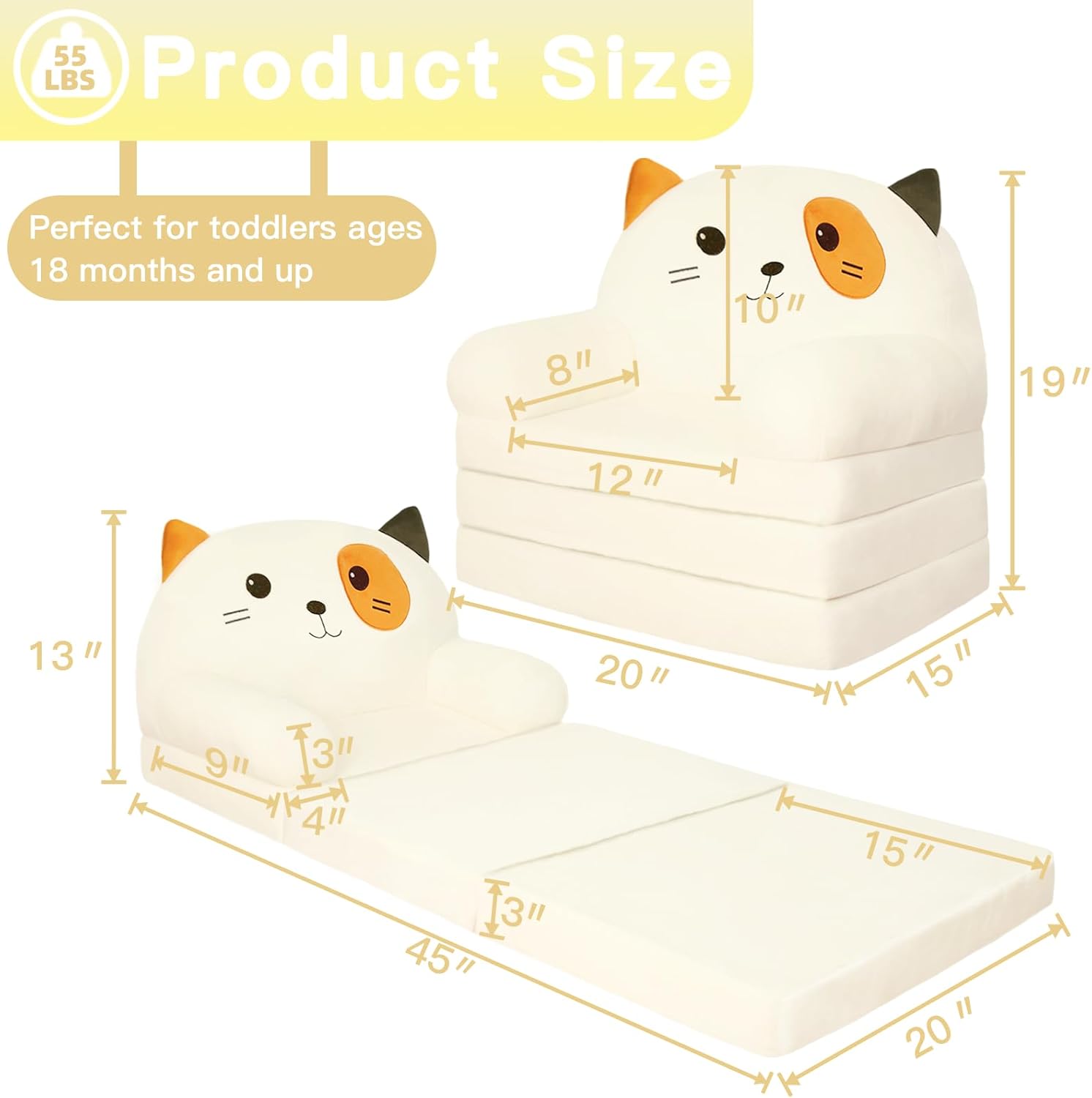 QIUODO Sofá plegable para sala de juegos, sofá abierto de terciopelo 2 en 1 para niños pequeños de 1 a 3 años, cómoda silla infantil para leer y
