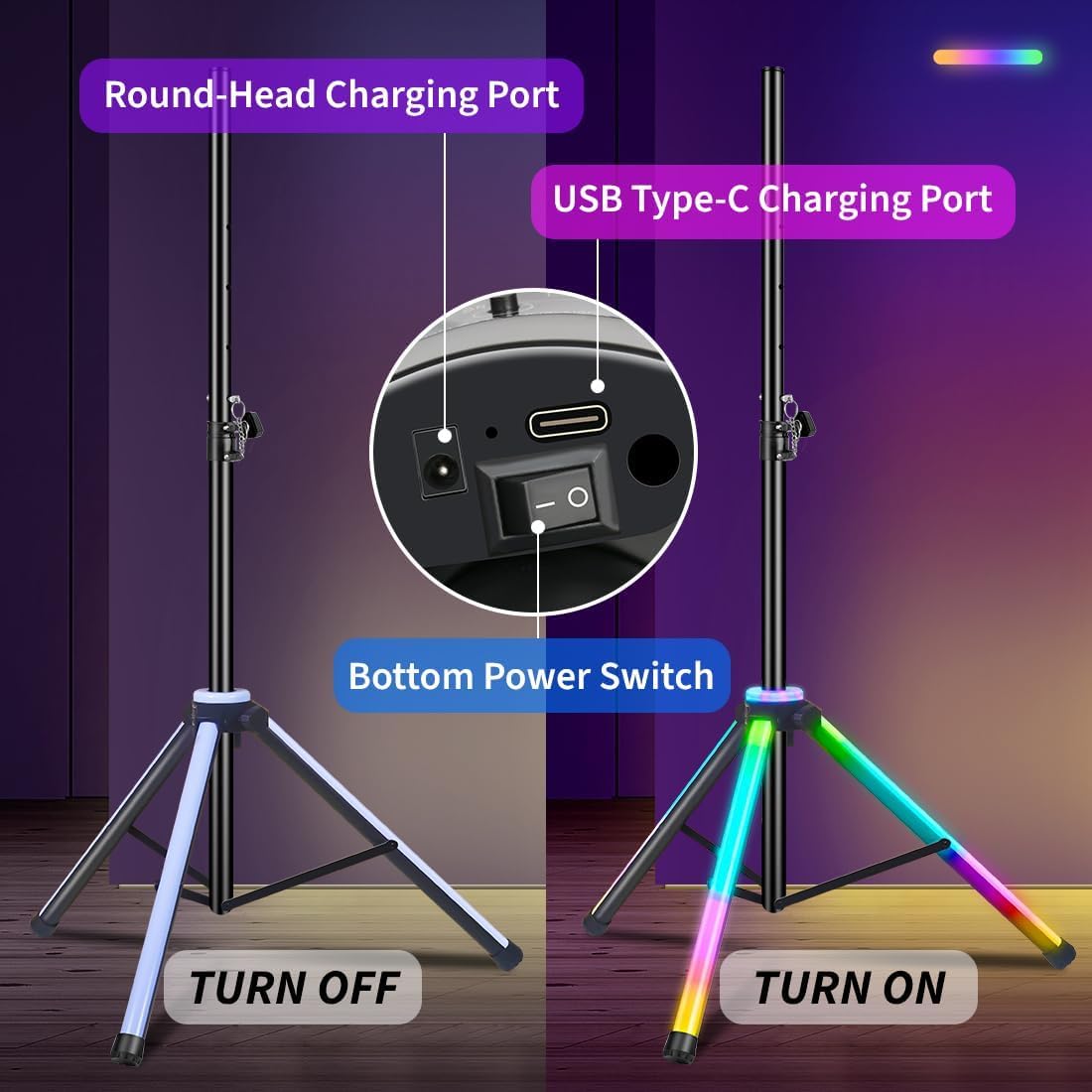 Soportes para altavoces resistentes, par de LED multicolores, soportes de trípode para altavoces de DJ, altura ajustable de 40 a 67 pulgadas,