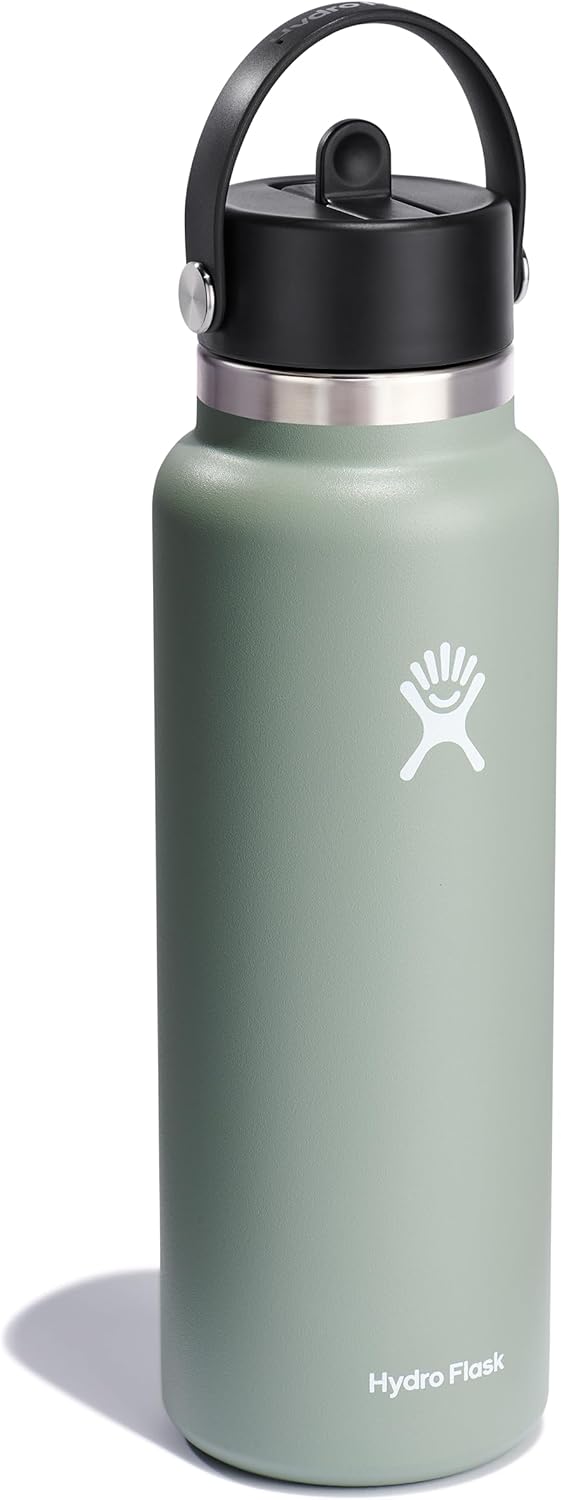 Hydro Flask Botella de agua de boca ancha de acero inoxidable con tapa de popote flexible y aislamiento al vacío de doble pared