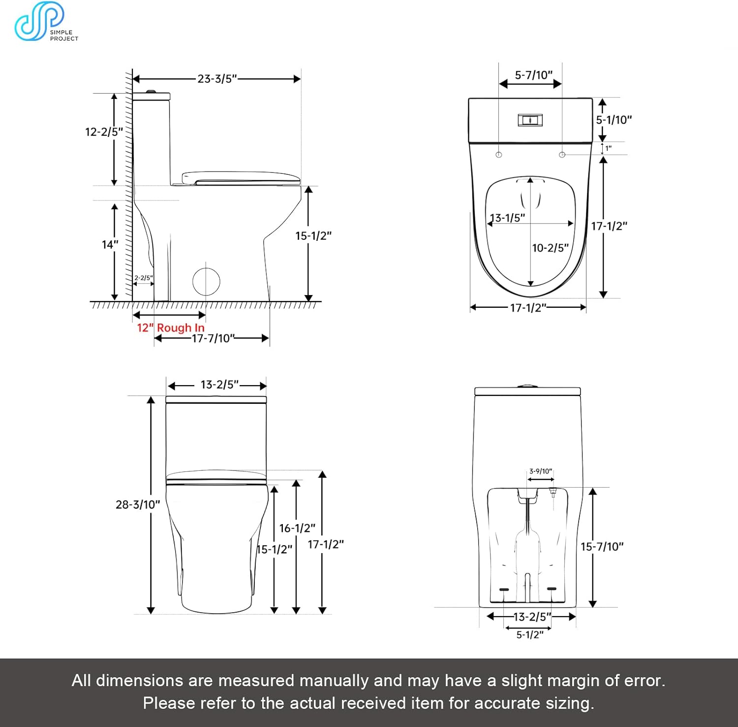Inodoro compacto de una pieza de altura cómoda de 16.5 pulgadas con potente y sifónico doble descarga y MAP 35.27 oz, inodoros pequeños modernos