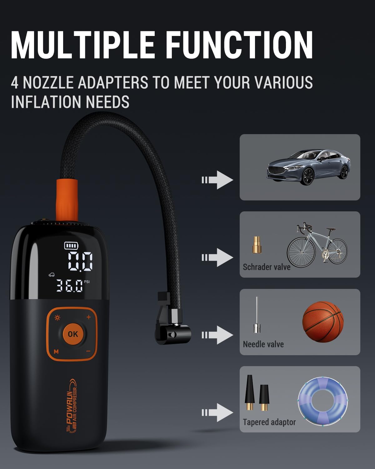 Powrun Compresor de aire portátil con inflador de neumáticos S8, bomba de neumáticos de coche de 150 PSI con batería de 6000 mAh, bomba de bicicleta