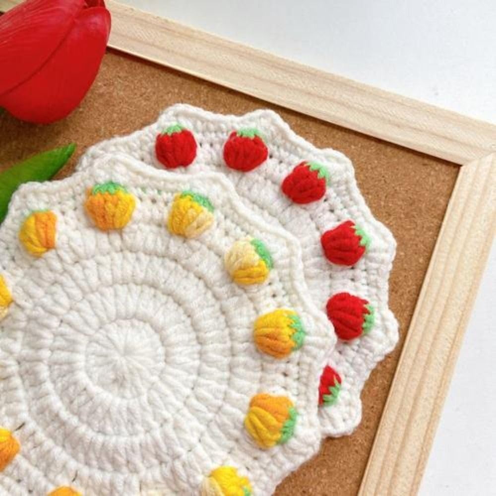 Lindos soportes redondos de algodón tejido de fresa con corazones de fresa, salvamanteles resistentes al calor para tetera, decoración de cocina (5,