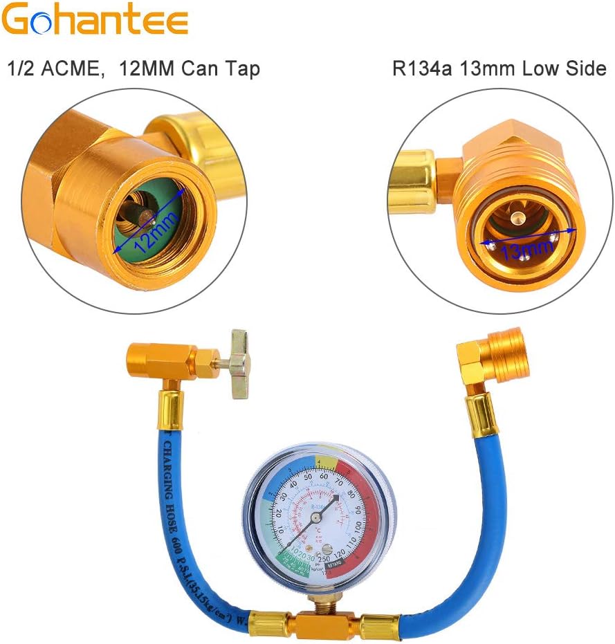 Kit de manguera de recarga de refrigerante R134A con manómetro para aire acondicionado de automóvil, R134a Piercing Can Tap, R134A acoplador rápido,