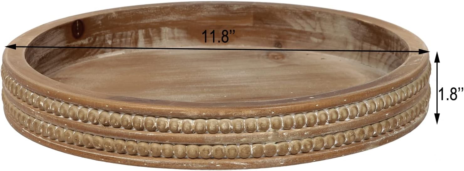 Carah & Cossh Bandeja redonda de madera de 12 pulgadas, bandeja decorativa redonda de madera encalada, bandeja decorativa rústica redonda, perfecta