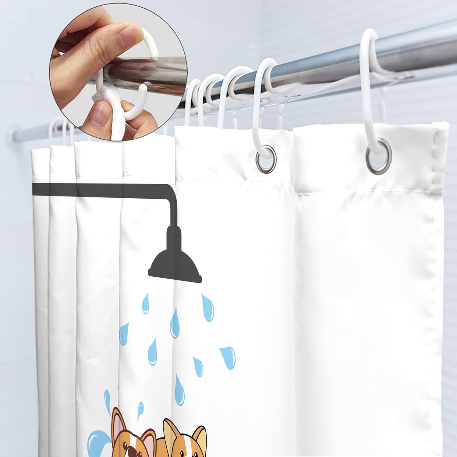 SVBright Cortina de ducha de gatos y perros, diseño de Corgi de dibujos animados para niños, 72 pulgadas de ancho x 72 pulgadas de largo, divertidas