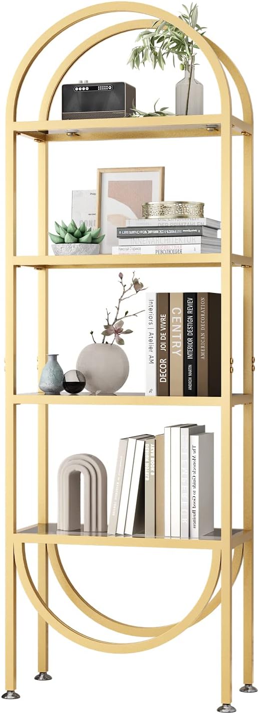 Freestanding Gold Bookshelves with Glass Shelves Storage, Modern Gold Bookcase with 4 Tier Glass Shelves, Gold Storage Organizer for Office, Living