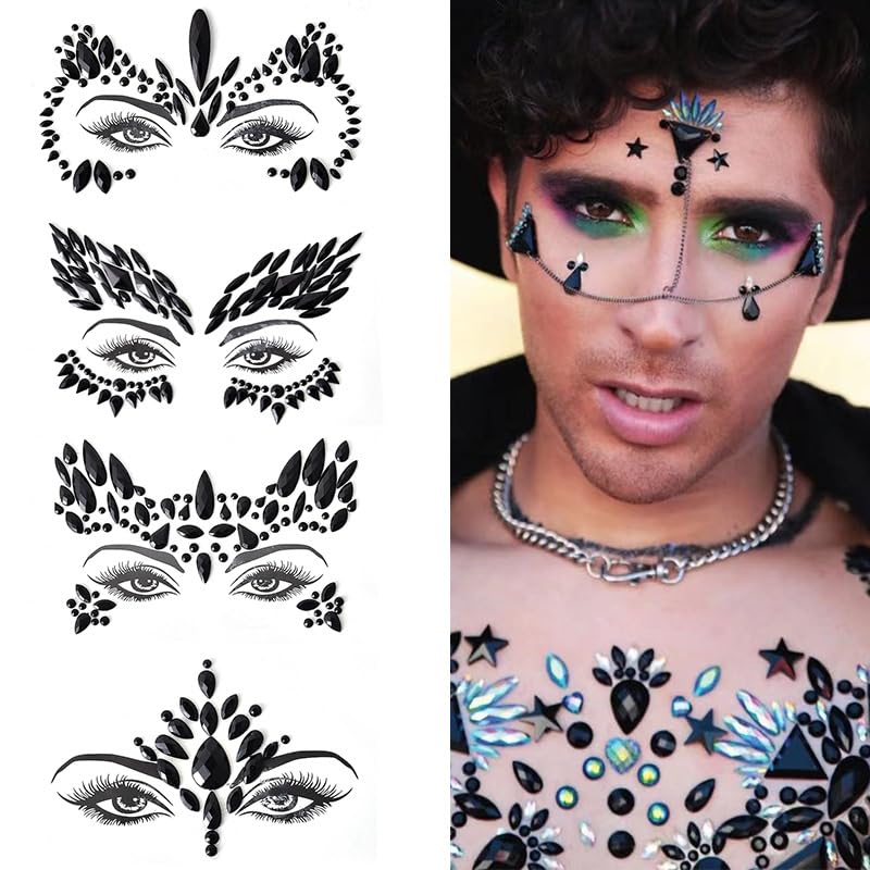 Paquete de 4 calcomanías de cristal negro para Halloween, tatuajes faciales, diseño de festival de Halloween, diseño de cara de sirena, diamantes de