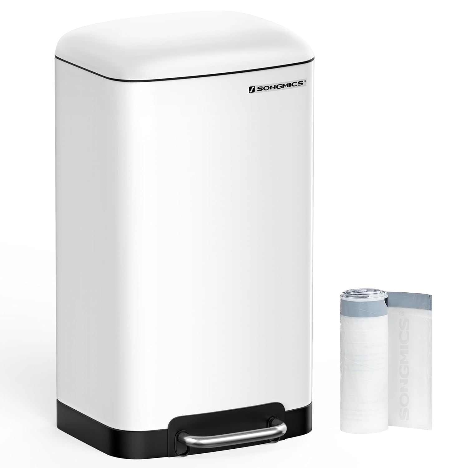 SONGMICS Bote de basura de 8 galones (30L) con tapa y cubo interior, cubo de basura de acero inoxidable, cierre suave, blanco ULTB01W30