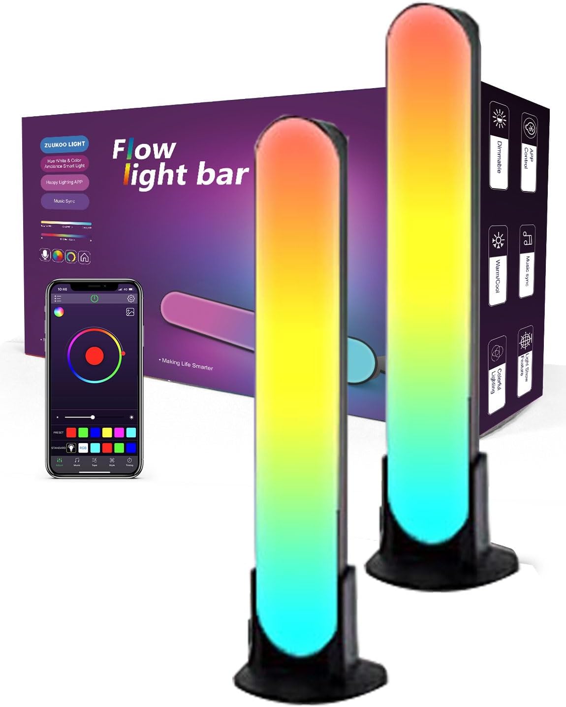 ZUUKOO LIGHT Smart LED Light Bar, RGB with 19 Dynamic Modes and Music Sync Modes, TV LED Backlight, Mood Lighting, USB Ambient Lighting for Gaming,