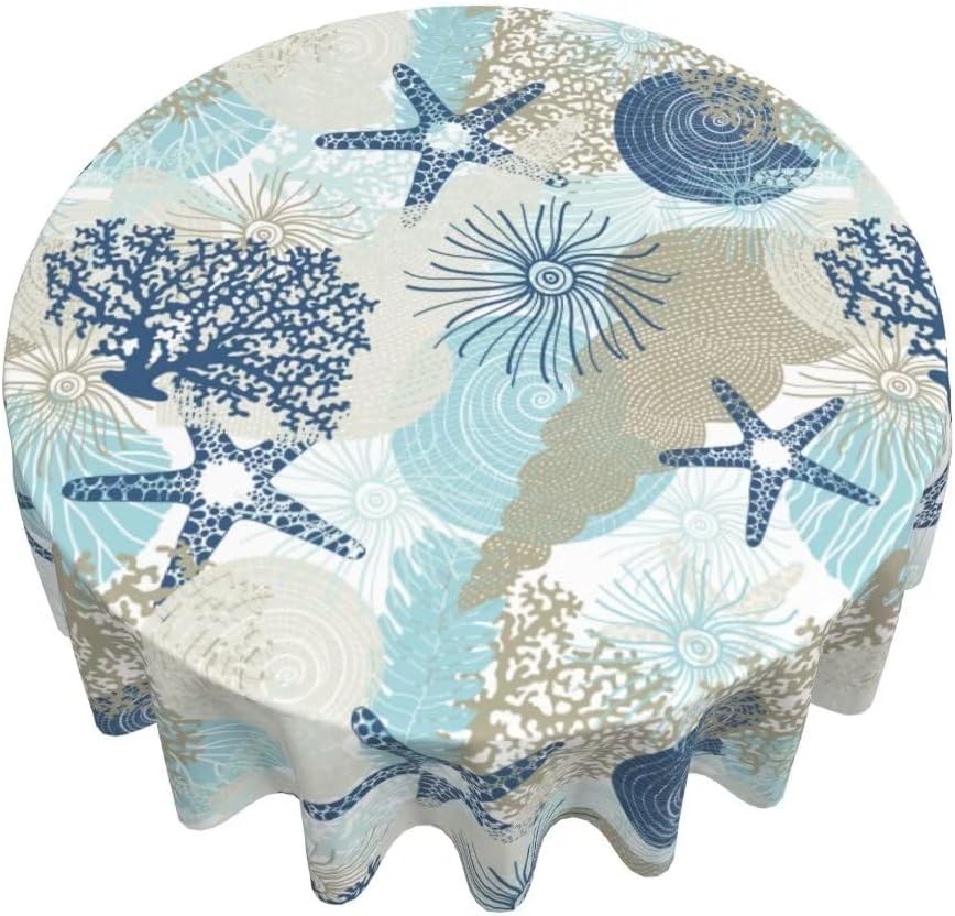 BETGINY Mantel costero redondo de 70 pulgadas, impermeable, náutico, playa, estrella de mar, coral, conchas marinas, mantel decorativo para picnic,