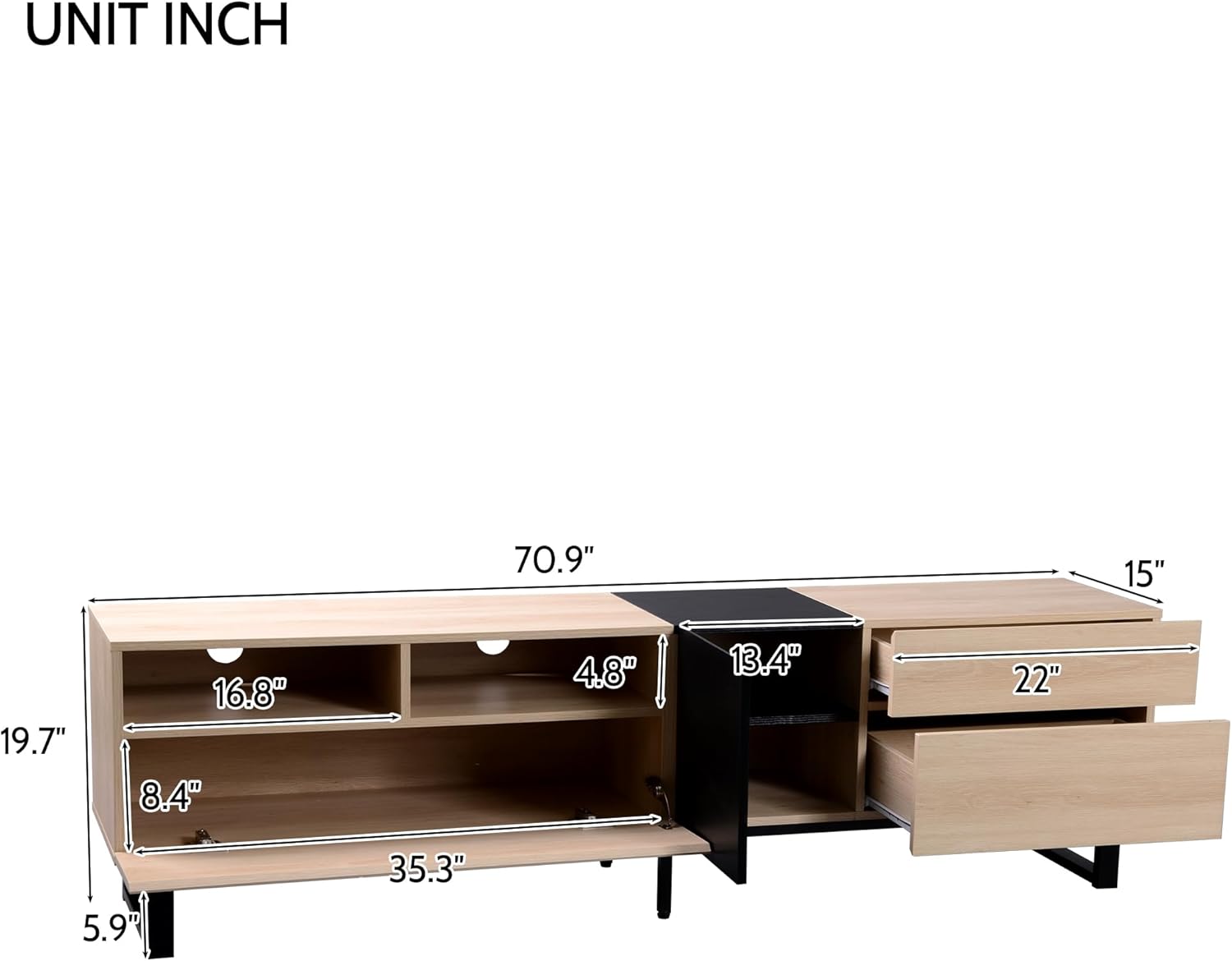 Soporte de TV de 70 pulgadas con armario de almacenamiento y estantes abiertos, consola de TV de madera natural para televisores de hasta 80