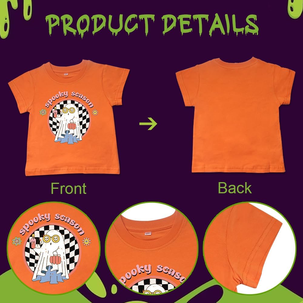Blinket Camiseta de Halloween para niños pequeños, camisa de fantasma de calabaza negra y blanca, a cuadros, estampado naranja, manga corta,