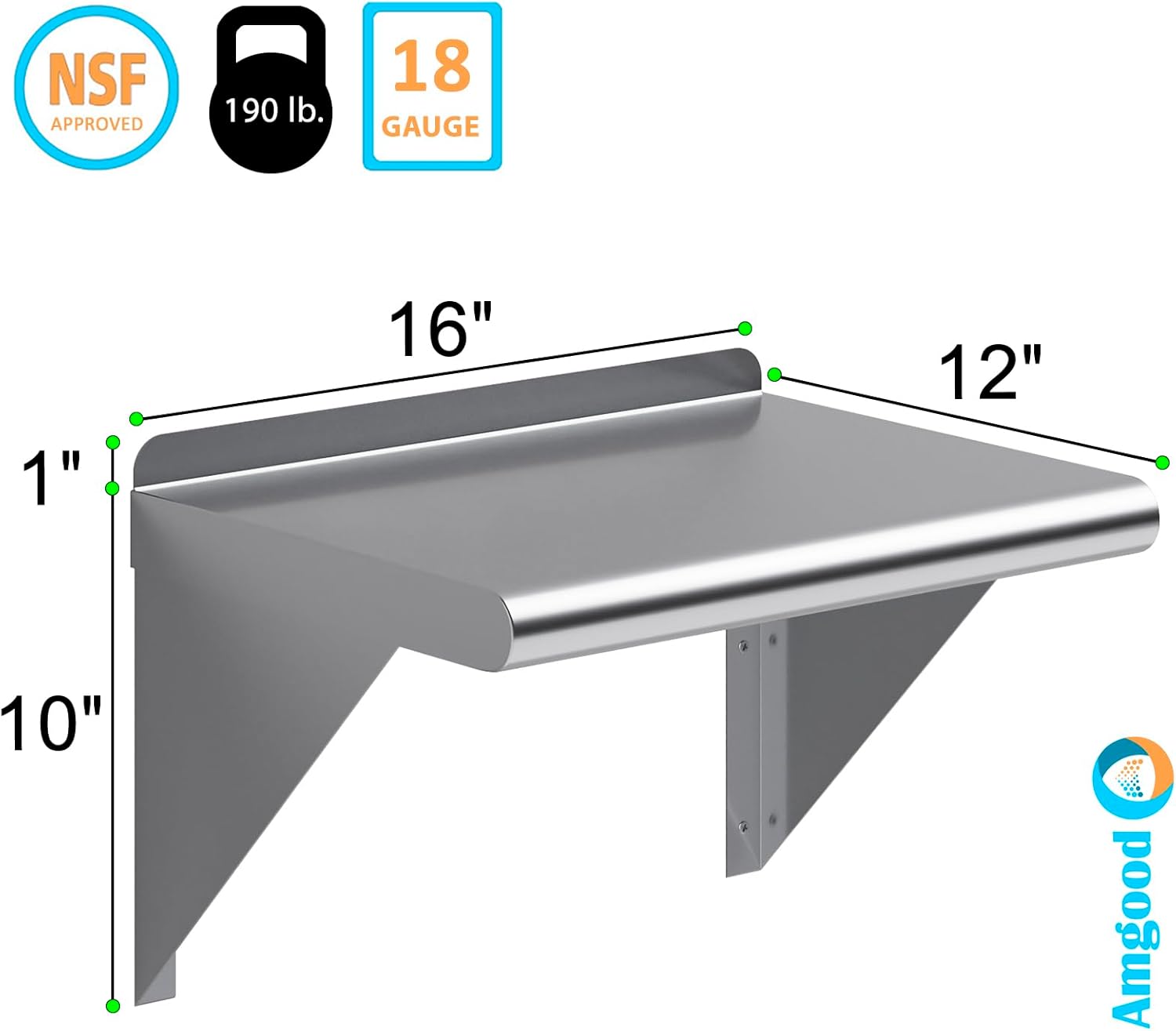 AmGood Estante de pared de acero inoxidable de 16 pulgadas de largo x 12 pulgadas de profundidad  Certificado NSF  Estantería de metal para
