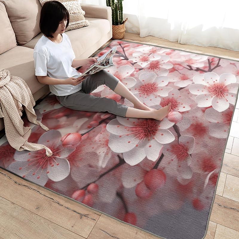 Alfombras lavables para sala de estar, dormitorio, alfombra en flor de cerezo y decoración del hogar, alfombra de área rosa Sakura de 5 x 8 pies,