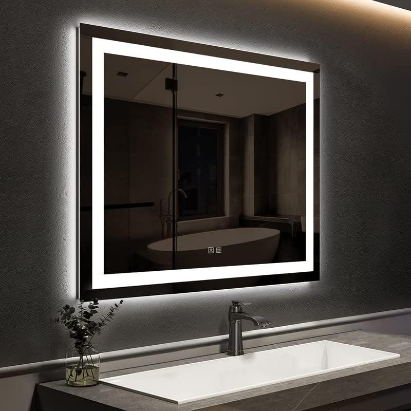 ROOMTEC Espejo de baño LED de 36 x 36 pulgadas con parte delantera y retroiluminada, antiniebla, 3 colores y luz regulable (horizontalvertical)