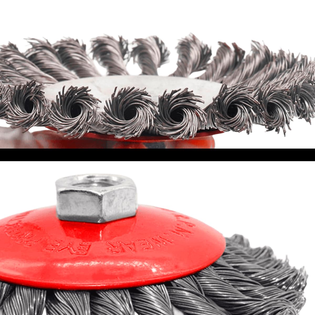 Cepillo de rueda de alambre de 4 pulgadas para amoladoras angulares, alambre de acero al carbono anudado torcido de 0.02 pulgadas con eje roscado de