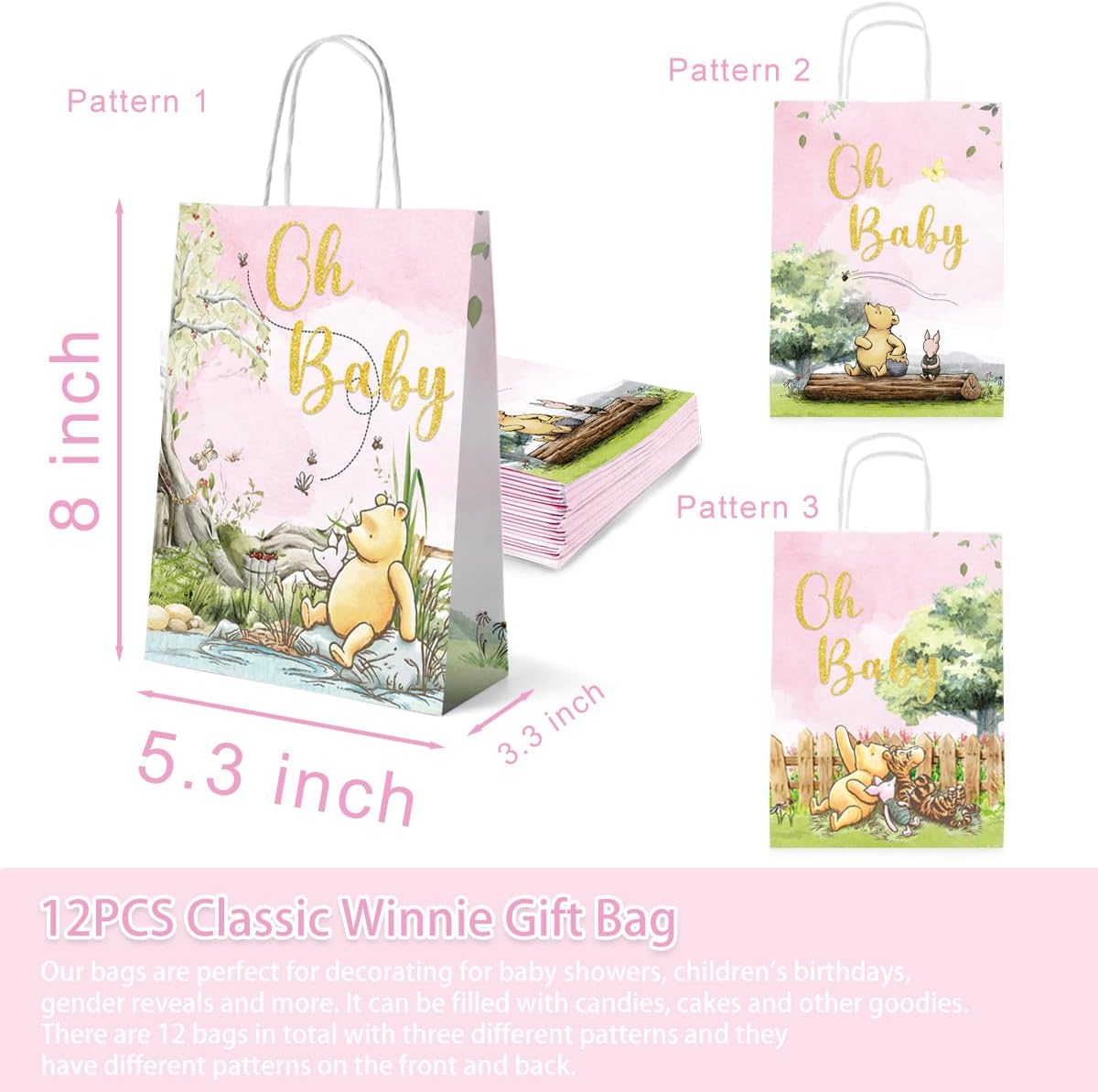 Alohafall Juego de bolsas de regalo clásicas de Winnie para niña, baby shower, recién nacidos, niños, primera fiesta, 12 bolsas de papel con asa