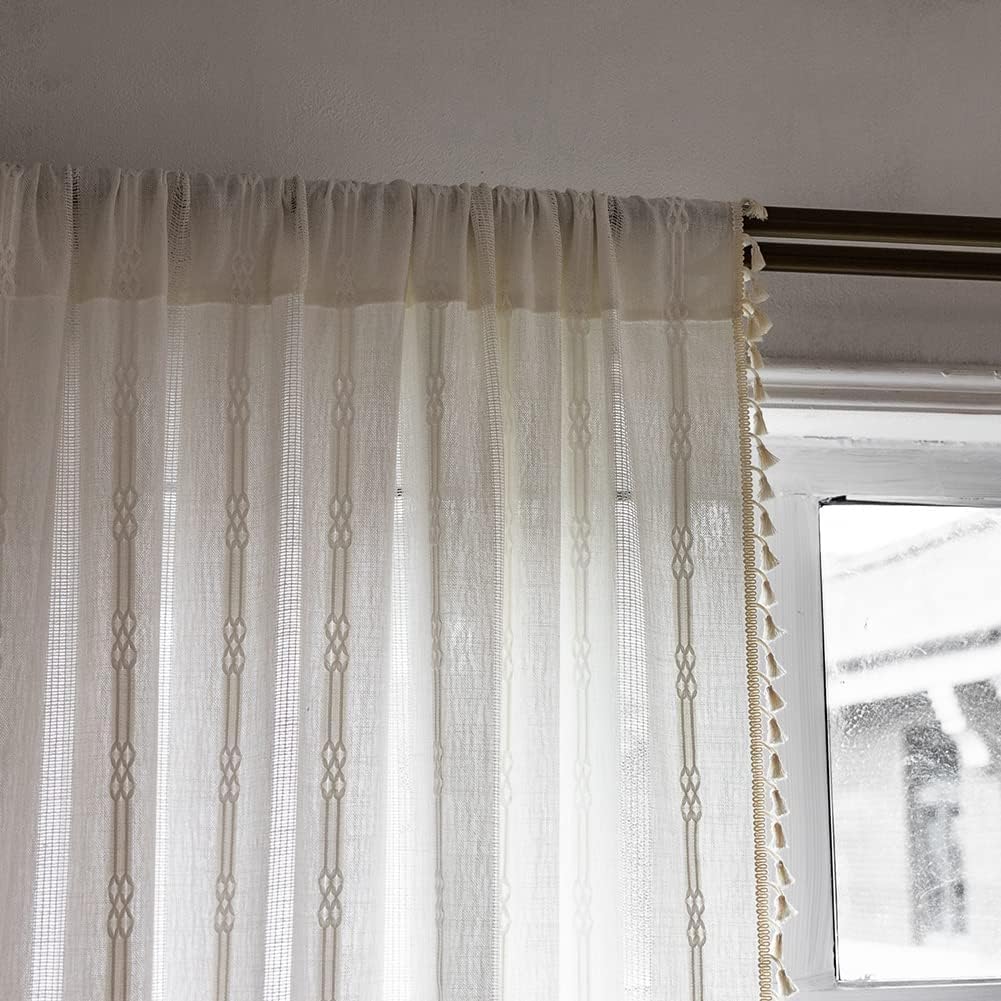 TOPSMCHER Cortinas bohemias para sala de estar, 63 pulgadas, cortinas filtrantes para dormitorio, cortinas rústicas de lino de algodón con bordado,